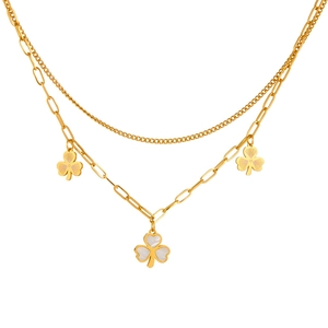 Double-layer stainless steel necklace featuring gold clover pendants and mother of pearl