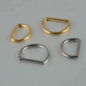 Detailed close-up of titanium D-ring buckles in polished gold and silver finishes