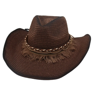 Dark brown straw western cowboy hat with woven fringe band and metallic chain detail