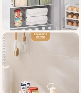 Close-up of translucent white seasoning storage drawers and tiered egg organizer for kitchen