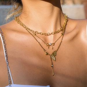 Stainless Steel Butterfly Bowknot Necklace For Women 18K Gold Plated Zircon Heart Safety Pin Pendant Tassel Jewelry