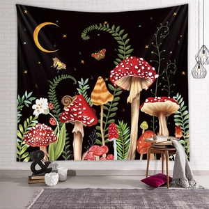 Artistic mushroom forest wall tapestry with colorful butterflies on a white brick wall