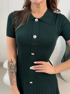 Slim fit dark green knit polo dress with vertical stripes and silver lion buttons