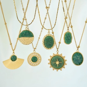 14K gold plated stainless steel necklace set with green natural African jade pendants