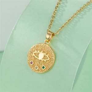 Gold coin pendant necklace with embossed evil eye and multicolored cubic zirconia stones