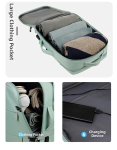 Lightweight large capacity travel backpack internal compartment and charging port detail view.