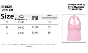 Size chart for lace-up halter neck top showing bust, waist, and length measurements in cm