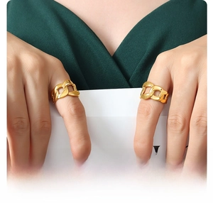 Detail view of bold 18K gold plated titanium steel chain link ring worn by a model