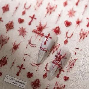 3D embossed nail stickers TS-3736 with gothic dark red spider and cross designs