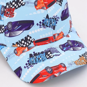 Light blue kids baseball cap with all-over racing car prints and Speed Racer text