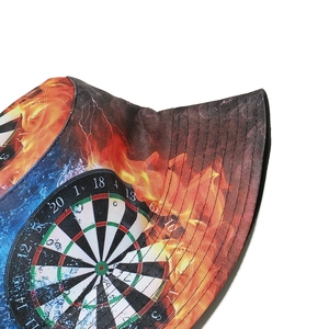 Close-up of dartboard and fire flame printing details on a stylish bucket hat