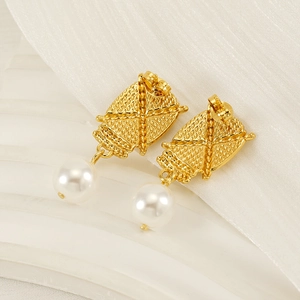 Fashion woven texture titanium steel pearl drop earrings with 18K gold plating for women