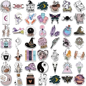 Set of 50 bohemian wizard graffiti stickers with mystical moon and crystal designs