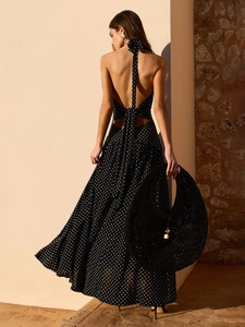 Elegant backless polka dot halter maxi dress for women in black and white summer style