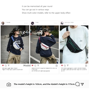 Mehrere Farboptionen der lässigen Crossbody-Brusttasche an Modellen im Freien gezeigt
