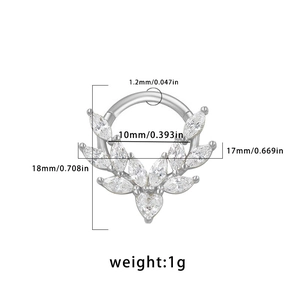 Detail showing dimensions of silver heart and marquise cz hinged segment nose ring