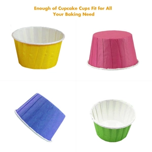 Colorful rolled edge cupcake liners set in yellow pink blue and green oilproof paper
