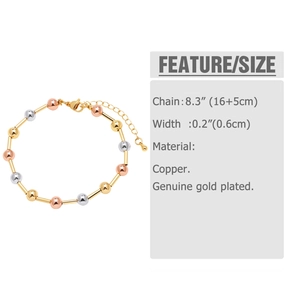 Detailed view of tricolor beaded bracelet in gold silver and rose gold finishes