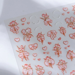 5D embossed butterfly nail art stickers with tulips, pink bows and pearl accents