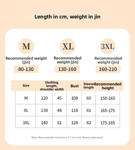 Size chart for men thick fleece bathrobe showing length, chest and sleeve measurements