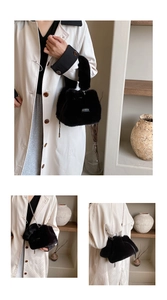 Three views of a black plush bucket bag showing gold metal handle and chain strap details