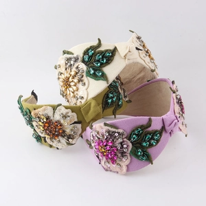 Women Wide Knotted Headband Rhinestone Sequin Embroidery Floral Fabric Vintage Luxury Bridal Hairband Accessory