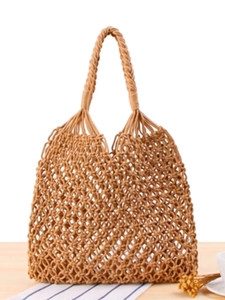 Handwoven Cotton Rope Shoulder Bag Hollow Out Braided Handle Summer Beach Vacation Bohemian Solid Color Women Mesh Tote
