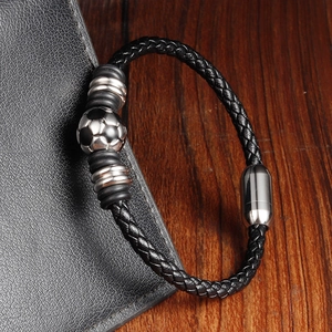 Braided black leather bracelet for men with silver beads and football metal charm