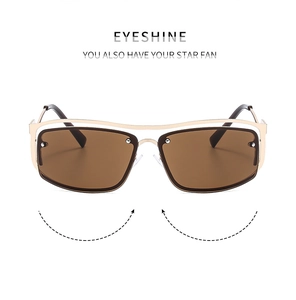 Front view of Y2K style square sunglasses with gold metal frame and brown lenses
