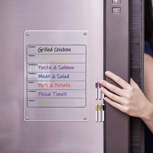 Detail of acrylic magnetic weekly planner on fridge with colorful markers for meal planning