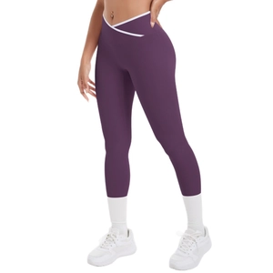 Pantalon de yoga violet à taille haute, design croisé en V et liserés blancs contour