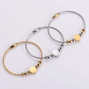 Three-piece stainless steel wire cable bangles set with polished beads and blank charms