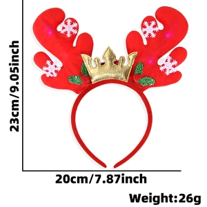 LED light up Christmas reindeer antler headband with golden crown and snowflakes decor