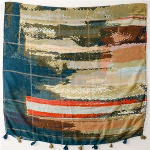 Écharpe voile vintage avec lignes dorées et glands au motif abstrait multicolore