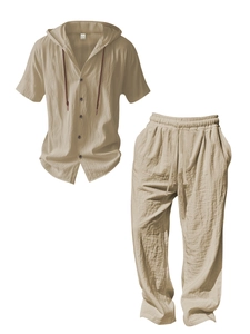 Detail of khaki linen-style set showing hooded short sleeve shirt and drawstring trousers
