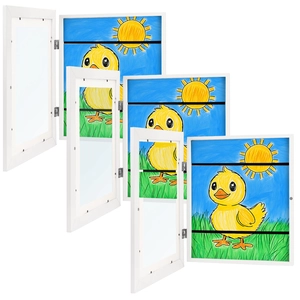 White magnetic wooden kids art frame for A4 drawings with front opening storage design