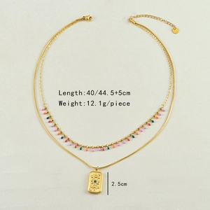 French vintage double layer gold necklace with sun flower pendant and colorful beads