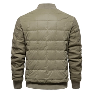 Detailed back view of men's bomber jacket showing square quilting and textured fabric sleeves