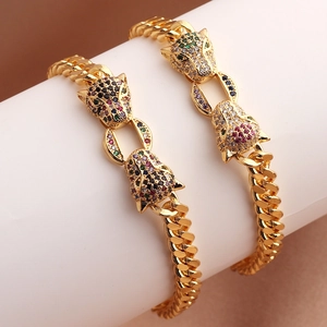 Leopard Head Cuban Chain Bracelet Gold Plated Copper With Multicolored Zircon Hip Hop Jewelry