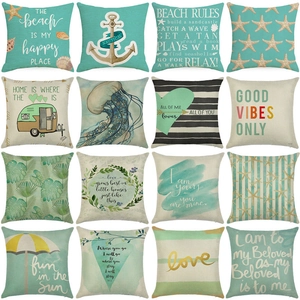 Ocean Theme Cushion Cover Linen Look Printed Square Sea Star Nautical Home Sofa Decor Pillowcase Mediterranean Coastal