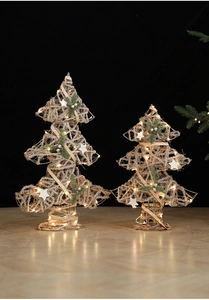 Detail of champagne rope woven Christmas tree ornaments with warm LED lights and stars