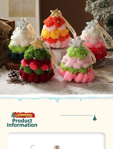 Detail of five colorful knitted plush Christmas tree ornaments with gold stars on wood tray