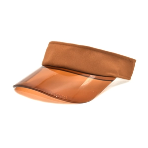 Detail of outdoor sun visor hat with orange PVC brim and brown fabric headband