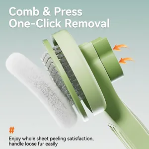 Self-cleaning cat brush with stainless steel needles and one-click hair removal button