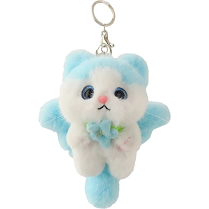 Cute angel cat plush keychain with blue star and fluffy tail for bags and keys