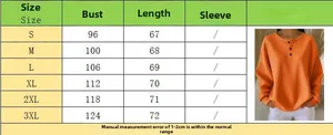 Size chart for waffle knit crewneck top detailing bust and length measurements from S to 3XL