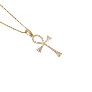 Gold plated Ankh cross necklace for women featuring sparkling cubic zirconia stones