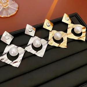 Rhombic Wave Metal Stud Earrings With Artificial Pearl Rhinestone And Silver Earring Post Elegant Jewelry For Women