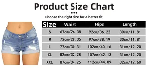 Size chart for women casual denim shorts with waist, hips, and length measurements in cm