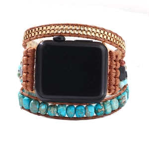Bohemian multilayered leather strap with turquoise beads and gold chains for Apple Watch